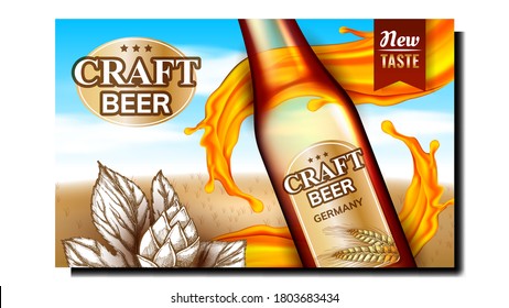 Craft Beer Creative Promotional Banner Vector. Blank Beer Bottle, Alcoholic Beverage Splash, Wheat And Hops Agricultural Plant Leaves Advertise Marketing Poster. Color Concept Layout Illustration