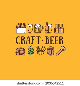 Craft Beer Design Template Color Contour Lines Icon Concept Banner Card Ad on a Yellow Background. Vector illustration