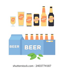 Craft beer in different glasses, cans, bottles. Vector illustration. Beer bottles packed in carton box. Banner design. Beverages, holiday concept