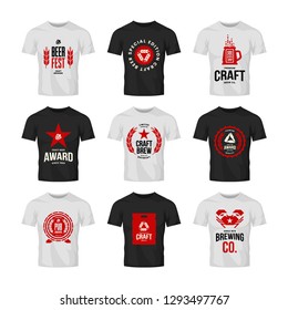 Craft beer drink vector logo sign for bar, pub, store, brewhouse or brewery on t-shirt mock up bundle. Crab, star, wooden barrel and keg logotype illustration set. Brewing fest award badge design.