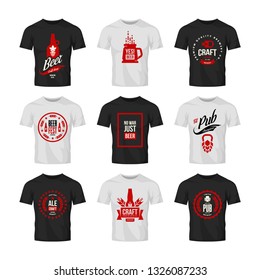 Craft beer drink vector logo sign for bar, pub, store, brewhouse or brewery on t-shirt mock up bundle. Mug, opener, manufacturing and bottle logotype illustration set. Brewing fest award badge design.