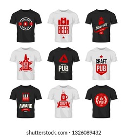 Craft beer drink vector logo sign for bar, pub, store, brewhouse or brewery on t-shirt mock up bundle. Mug, glass, keg, box, cap and bottle logotype illustration set. Brewing fest award badge design.
