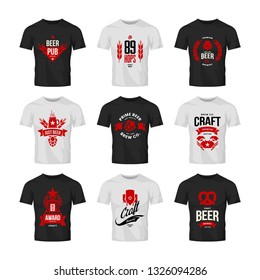 Craft beer drink vector logo sign for bar, pub, store, brewhouse or brewery on t-shirt mock up bundle. Mug, manufacturing, crab and pretzel logotype illustration set. Brewing fest award badge design.