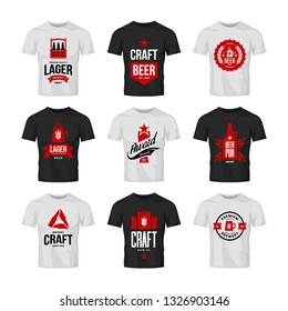 Craft beer drink vector logo sign for bar, pub, store, brewhouse or brewery on t-shirt mock up bundle. Mug, glass, keg, box, cap and bottle logotype illustration set. Brewing fest award badge design.