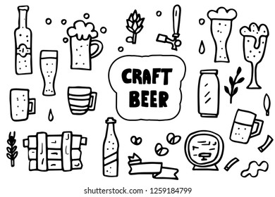 Craft beer elements set in doodle style. Symbols and lettering black and white design. Vector illustration.