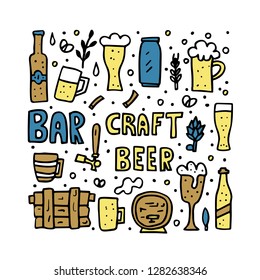 Craft beer elements set in doodle style. Poster template with pub symbols and lettering. Vector illustration.