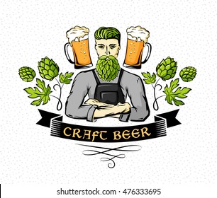 Craft beer emblem. Hipster brewer with hop beard, ornament decorations and mugs. Color vector illustration