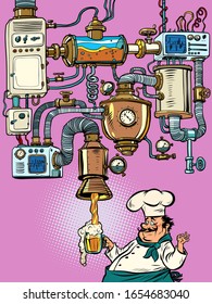 craft beer Fantastic comic machine conveyor. Comic cartoon pore art retro vector kitsch vintage