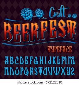 "Craft beer fest" typeface. Vector hand crafted font in medieval style with hops and traditional Oktoberfest rhombus pattern on background. Good for posters, alcohol label and festival invitation.