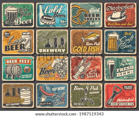 Craft beer festival, brewery and snacks tin signs. Beer brewing and pub equipment grunge vector metal plates, retro signs with tankard, smoked fish, lobster and pretzel, hop, barley and alpine hat