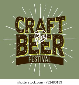 Craft Beer Festival Typographic Label Design With A Hop And A Sunburst  Illustration. Vector Graphic.

