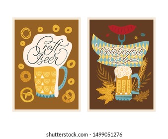 Craft beer festival vector ornate card set. Oktoberfest detailed card with lettering quote. Poster collection with ornate illustrations.