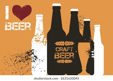 Craft beer, flat design, grunge splashes, texture. Vector, poster for pub, bar, dark beer, bottles, glasses