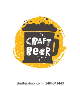 Craft beer flat vector banner template. Brewery beverage with foam in glass silhouette with stylized lettering. Fresh ale in vintage mug on yellow round frame. Pub drink advert poster design element