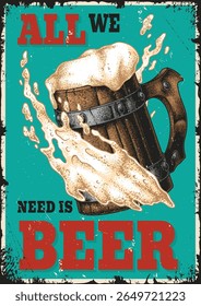 Craft beer flows from a wooden mug creating a lively atmosphere at a summer gathering with friends. Laughter fills the air as the sun sets on a warm day.
