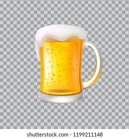 Craft beer with foam in big glass mug. Low alcohol drink made of organic hop and barley. Alcoholic beverage realistic 3D vector on transparent backdrop