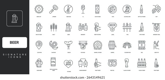 Craft beer and food of Oktoberfest, cheers toast of glasses thin black symbols vector illustration. Beer production in brewery, pub keg with tap and bottle, mug and barrel line icon set.