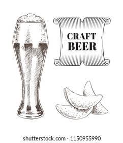 Craft beer and fried chips set. Alcoholic drink beverage with foam and snack made of potato. Monochrome sketches outline colorless drawn icons vector