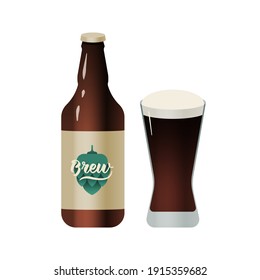 Cerveza artesanal con vidrio de cerveza oscura. Ilustración vectorial moderna. Insignia con Hops. Brew Lettering. Anuncios de medios sociales.