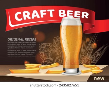 Craft beer. Glass with foam drink on table and fried potato. Alcohol cold beverage with brewery bubbles. Drinking lager in bar. Advertising promotion banner, realistic isolated vector concept