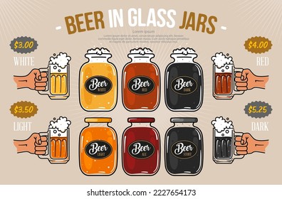 Craft beer in glass jars. Concept for a menu or flyer with drinks for a bar 