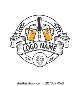 Craft Beer glass and malt Brewery label logo design vector in trendy modern cartoon line style illustration. Liquor logo for pub and bar club