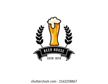 Craft Beer glass and malt Brewery label logo design vector in trendy modern cartoon line style illustration. Liquor logo for pub and bar club