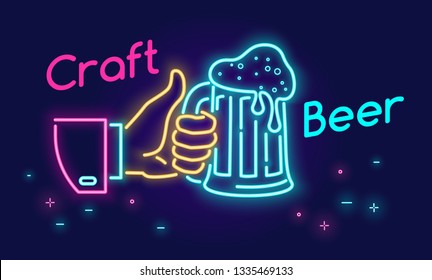 Craft beer glass and thumbs up symbol icon in neon light style on dark background. Bright vector neon illustration of human hand holds beer mug with text for website banner template or landing page