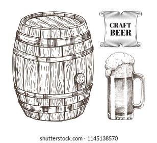 Craft beer glass and wooden barrel alcoholic drink. Monochrome sketches outline of keg and alcohol with foam poured in mug. Ribbon and text vector