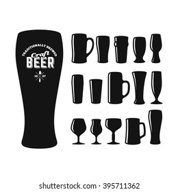 Craft beer glasses types. Set of vector beer glasses silhouettes. Different shapes and sizes.