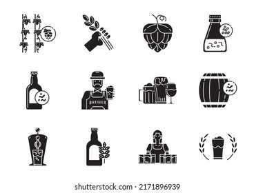 craft beer glyph icon set with  brewing process fron grain to glass.