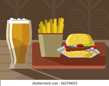 craft beer and gourmet burger and french baked potato fries in restaurant wood table