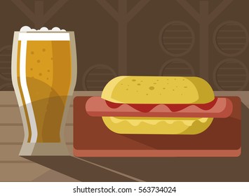 craft beer and gourmet hot dog sausage in restaurant wood table