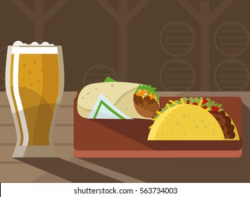 craft beer and gourmet mexican food burrito taco shawarma in restaurant wood table