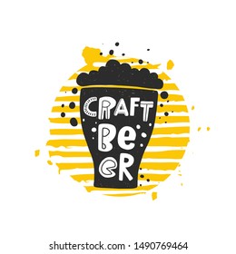 Craft beer grunge style banner template. Brewery beverage with foam in glass silhouette on yellow striped round frame. Stylized lettering, ink drops. Pub drink advert poster design element