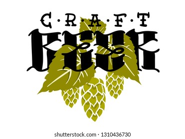 Craft Beer Hand Drawn Design With Hops And Leaves Illustration On A White Background  Vector Graphic