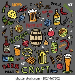 Craft beer hand drawn elements set. Outline colorful icons of craft beer things. Craft beer info graphics for your design. Home brewing, crafted beer. Colorful vector illustration art.