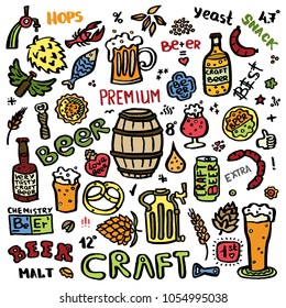 Craft beer hand drawn elements set. Outline colorful icons of craft beer things. Craft beer info graphics for your design. Home brewing, crafted beer. Colorful vector illustration art.