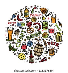 Craft beer hand drawn elements set in circle. Outline black icons of craft beer things. Craft beer info graphics for your design. Home brewing, crafted beer. Black and white vector illustration art.