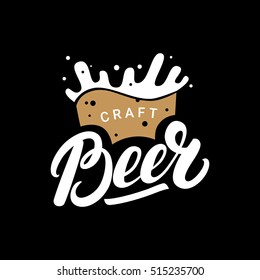 Craft beer hand drawn lettering logo, label, badge for bar, beer festival, pub, brewery with mug. Isolated on black background. Vector illustration.