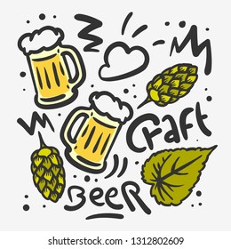 Craft Beer Hand Drawn Vector Design With Mugs Of Beer Hops Leaves Illustrations