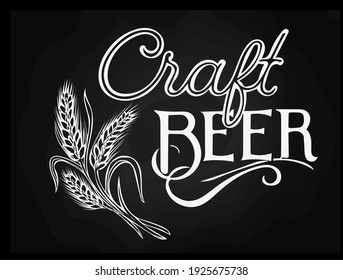 Craft beer hand written with wheat ear line art. Beer Barley design concrept on blackboard background.