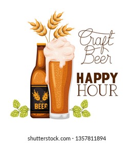 craft beer happy hour label with bottle and glass