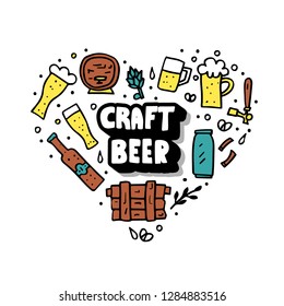 Craft beer heart concept. Pub elements set in doodle style. Symbols and lettering isolated on white background. Vector illustration.
