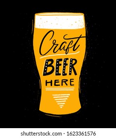 Craft beer here. Pub or brewery poster with hand lettering and pink glass illustration on black board illustration