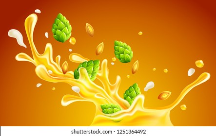 Cerveza artesanal con lúpulo y semillas de trigo cayendo en salpicaduras de bebida con espuma y salpicaduras. Ingredientes para la creación de cerveza de cerveza de lager. Dibujo realista, malla degradada utilizada. Vector EPS10.