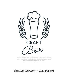 Craft Beer Icon. Glass of beer with foam and spikelets of wheat. Line art emblem. Vector illustration.