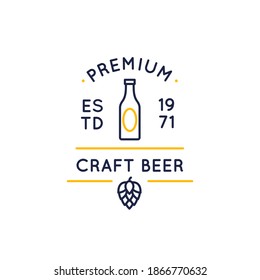 Craft beer icon, logo, badge, label. Premium Craft Beer icon consists of beer bottle, date of establishment and hop. Vector illustration