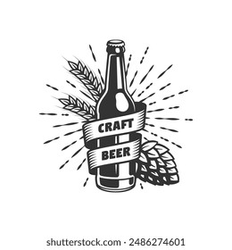 Craft beer icon. Vector craft beer label with bottle, barley and hop. Vintage engraved badge for pub or bar.