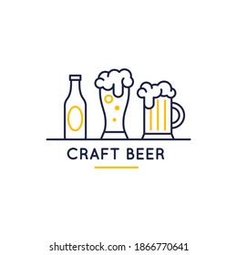 Iconos de cerveza de artesanía. Botella, vidrio y pinta de cerveza. Concepto de cerveza artesanal para medios sociales y diseño web. Ilustración vectorial. 